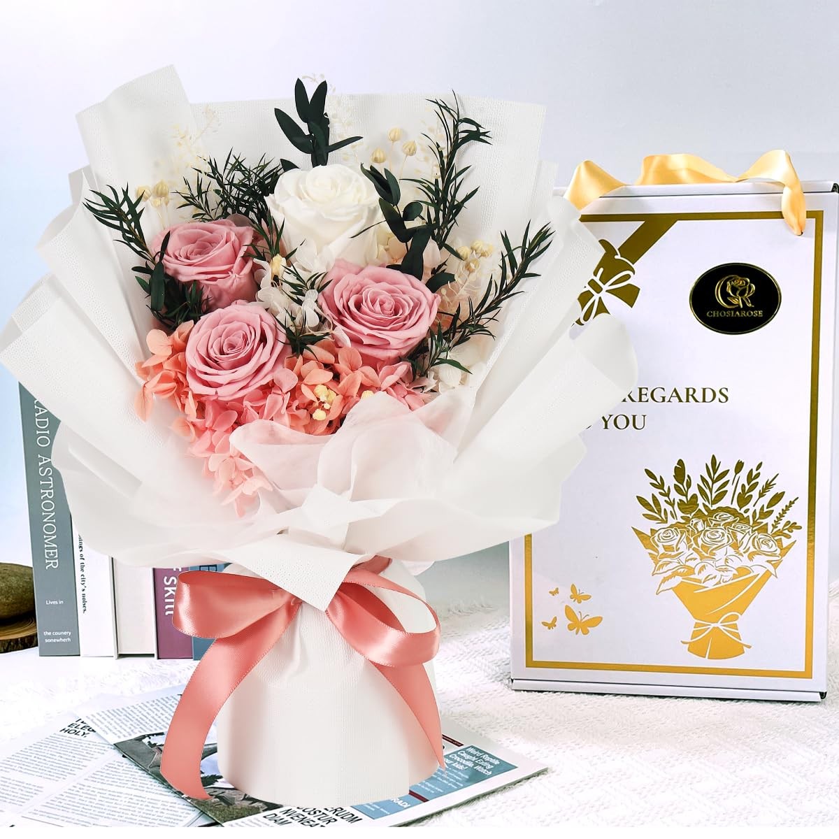 Preserved Flowers Bouquet Pink Rose Gift For Her Mom Grandma Anniversary
