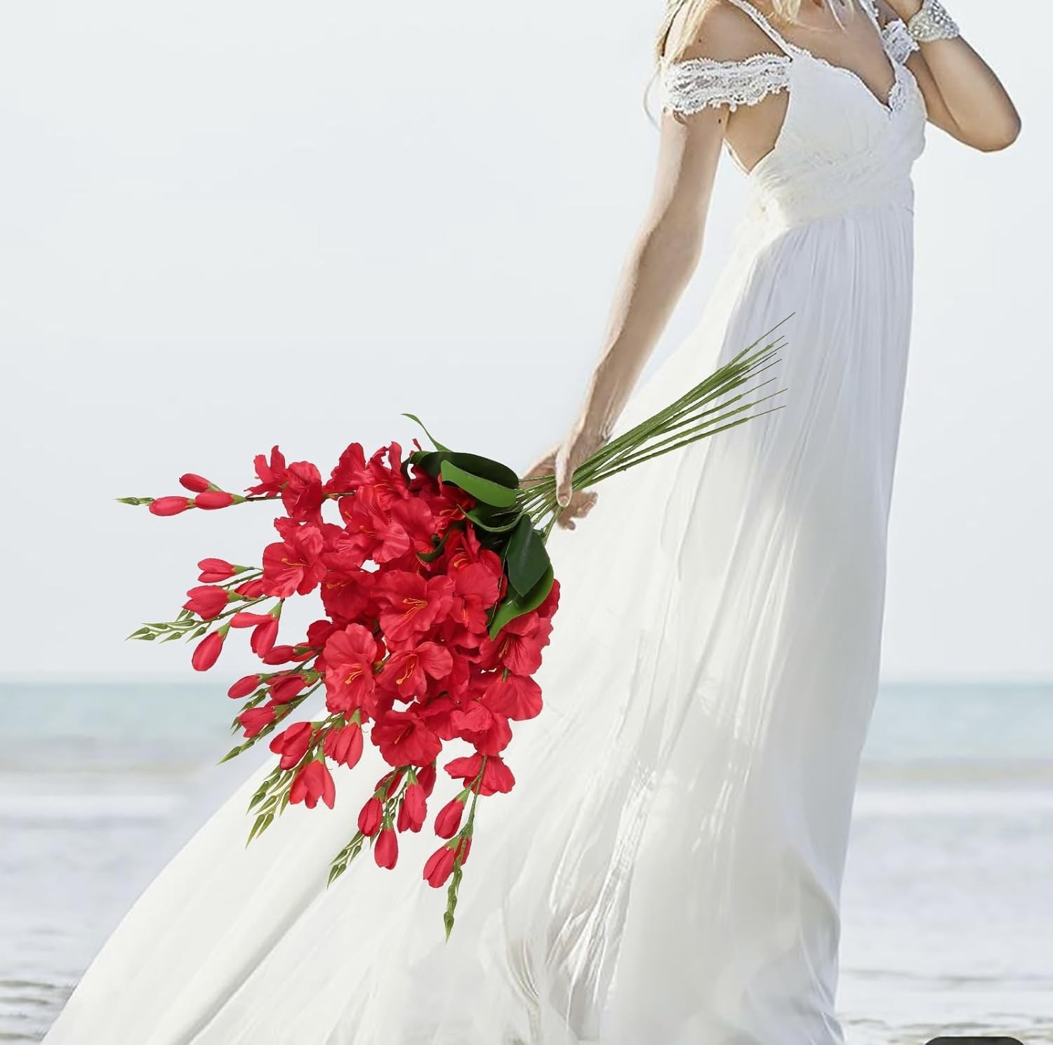 Artificial Red Gladiolus Flowers 30in Long Stem Fake Silk Artificial Flowers