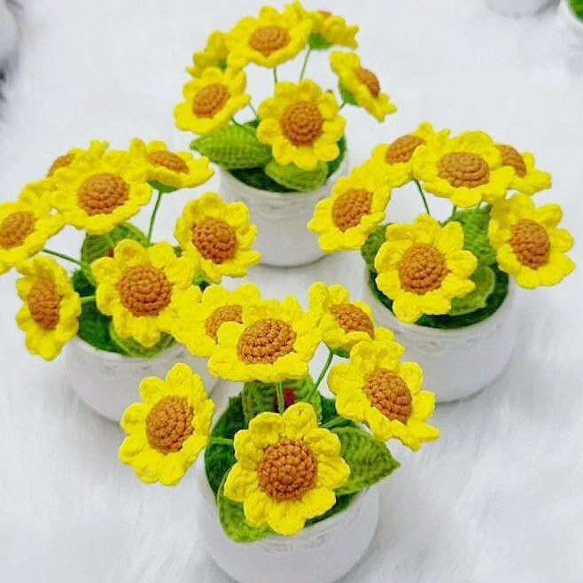 SUNFLOWER CROCHET FLOWERS 6HEAD POTTED KNITTED ARTIFICIAL SUNFLOWERS DESK DASHBO