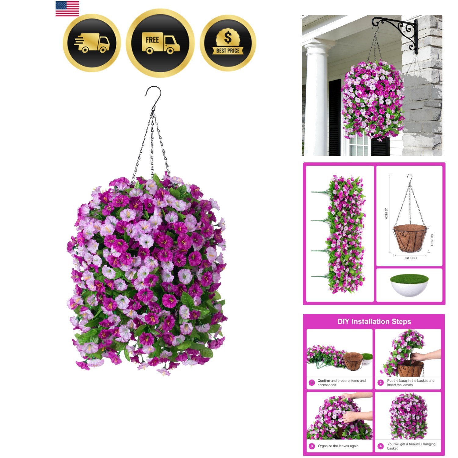 Artificial Flowers with Hanging Basket, Outdoor Faux Plants Silk Morning Glor…
