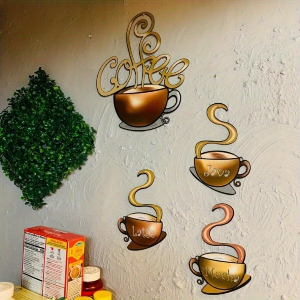 4Pc Reusable Retro Coffee Mug Wall Art Peel & Stick Metal Decor Set