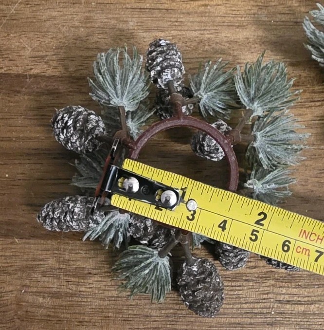 Set/2 NEW PRIMITIVE Taper Candle Ring SNOWY PINECONE Christmas 3½” Winter Shabby