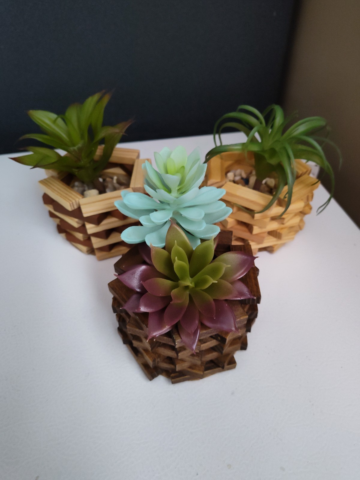3 Fake Succulents in Homemade Wooden Planters