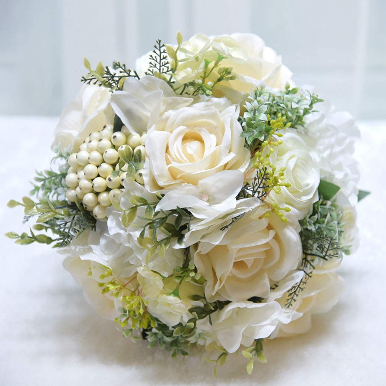 9.8 Inch Ivory Artificial Mixed Flower Greenery Bridal Throw Wedding Bouquet