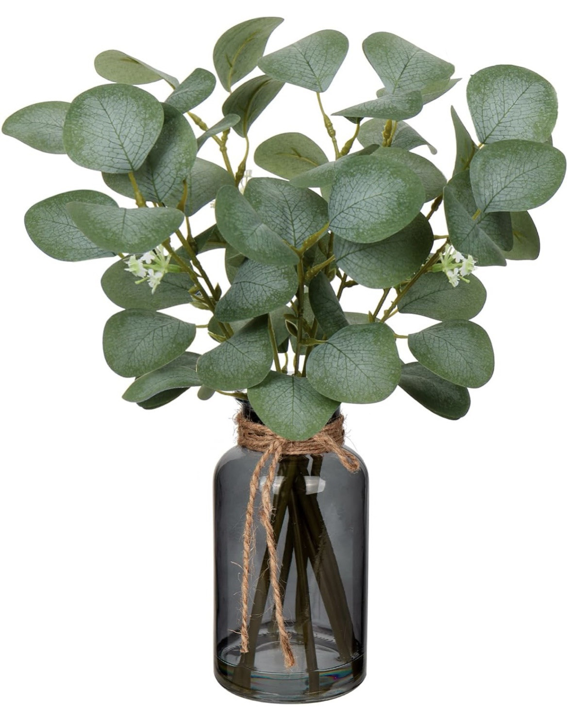 Artificial Eucalyptus Stems in Black Glass Vase with Faux Water, 14″, With Bow
