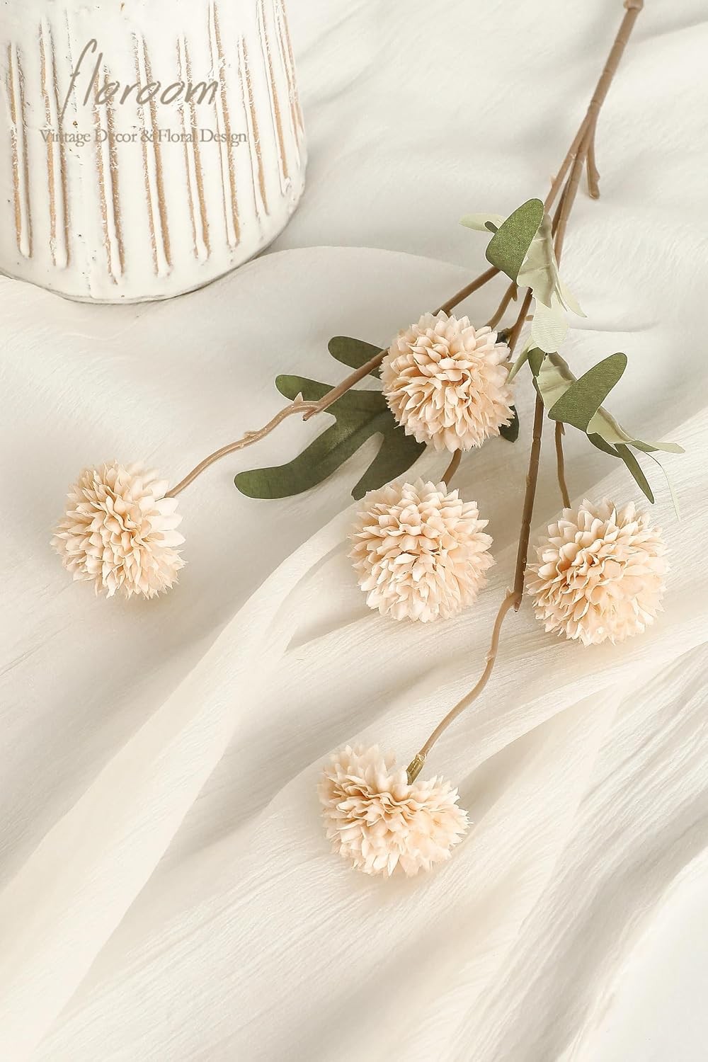 5pcs Beige Faux Silk Mums Artificial Flowers, Bulk Fake Small Mini