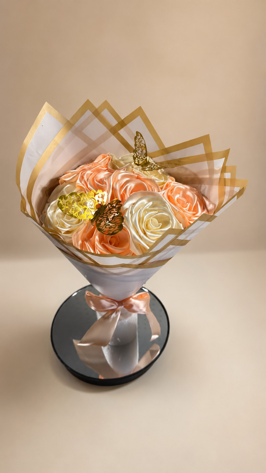NORELD 20 Satin Rose Bouquet Peach Ivory Gold Butterflies Handmade Gift