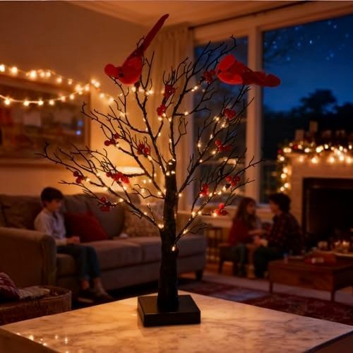 Set of 2 Vintage Glowing Trees with Cardinals, Dual Power USB/Battery Operate…