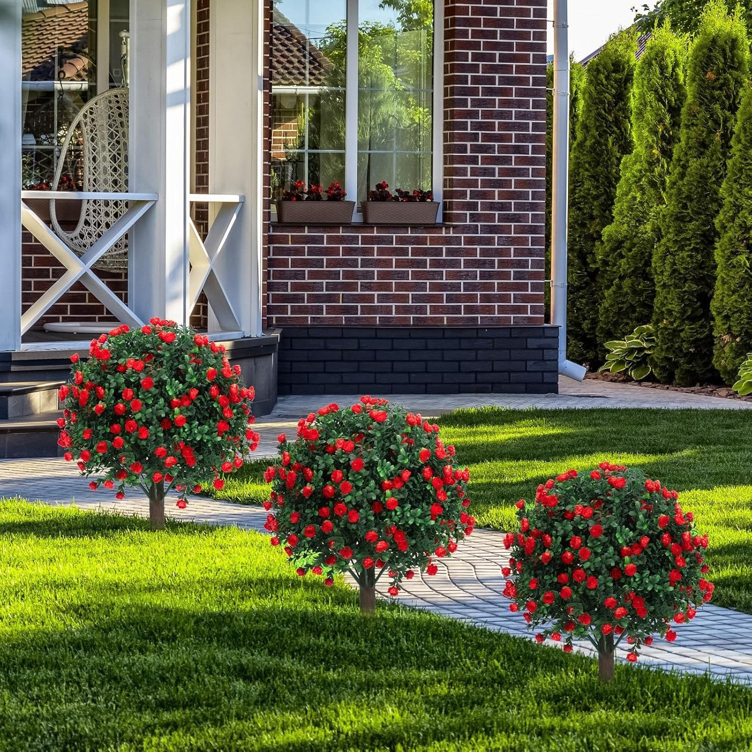 Set of 2 Artificial Boxwood Topiary Ball Trees with Red Flowers for Outdoor w…