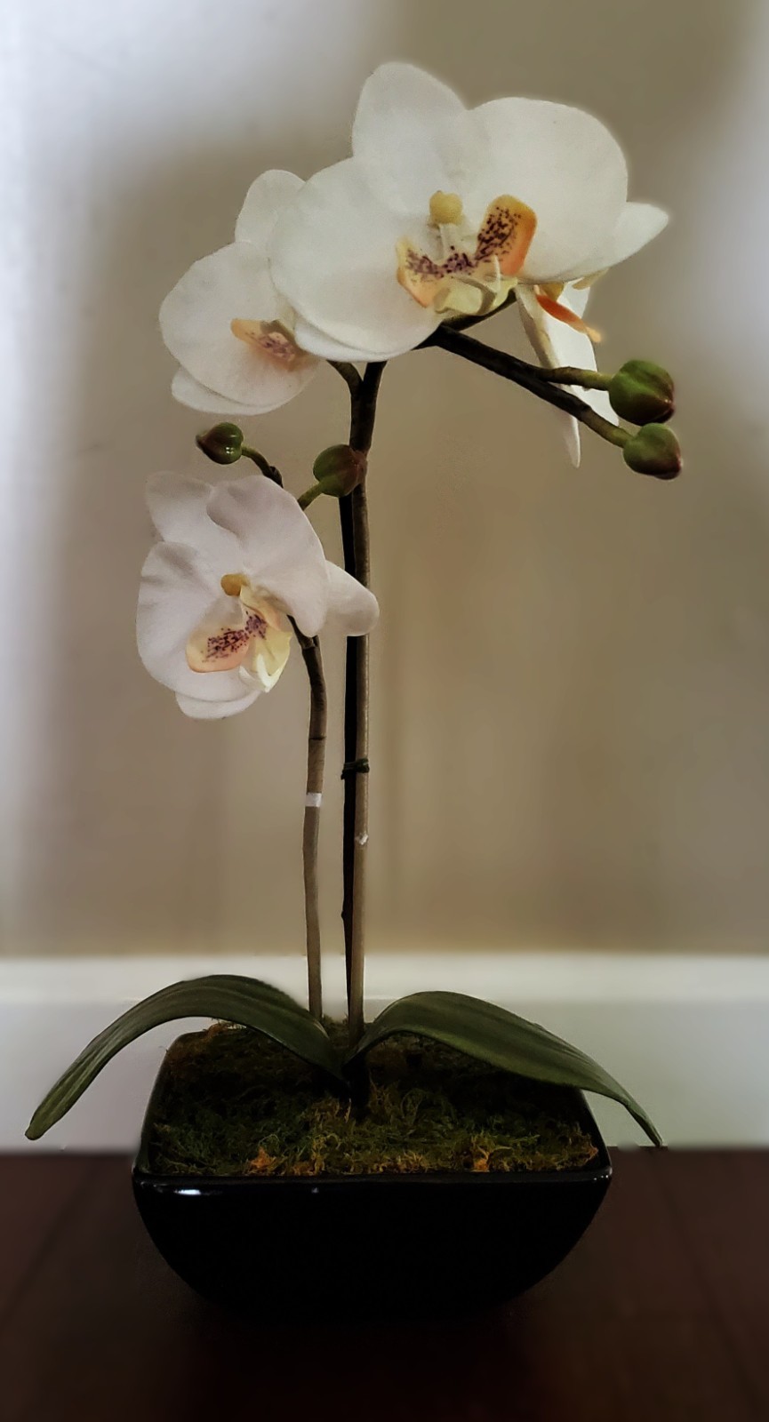 Artificial Flower Arrangement White Phalaenopsis Orchid 16″ in 6x6x2.5 black pot