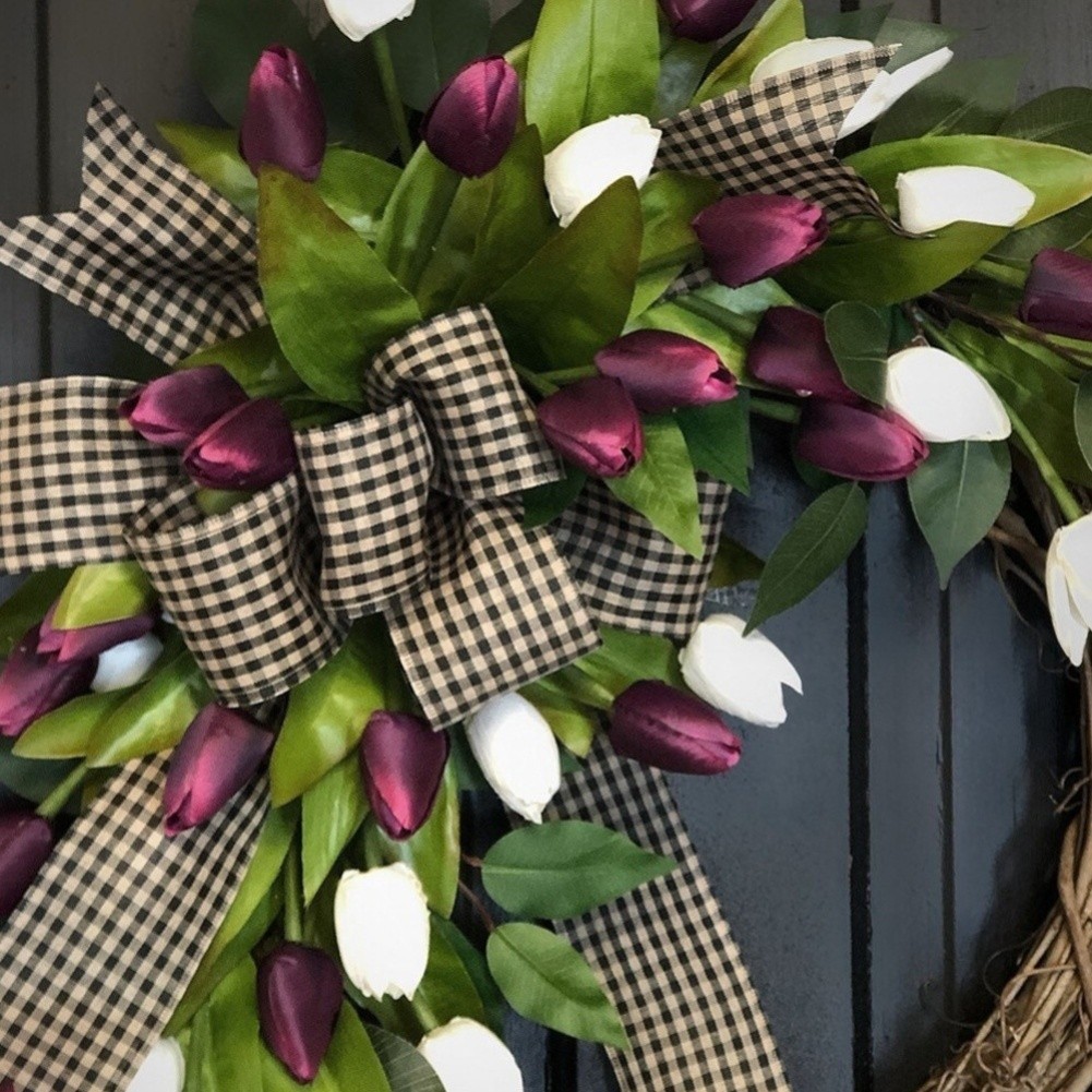 Natural Rattan Spring Tulip Wreath for Door Wall Decor Purple Silk Floral 35cm
