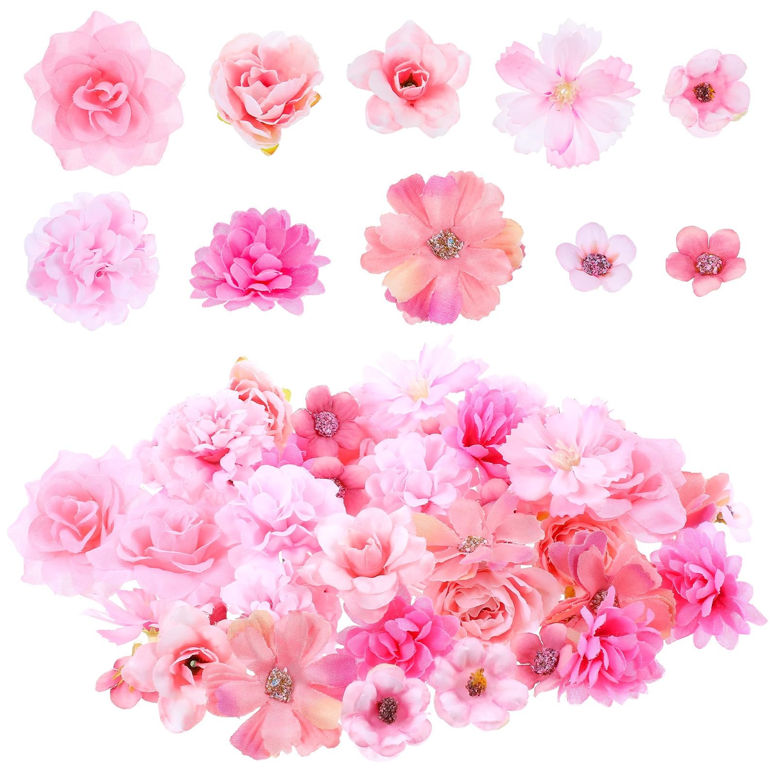 50 Pcs Pink Mini Faux Flower Heads for Crafts Wedding Cake Wreath Decor