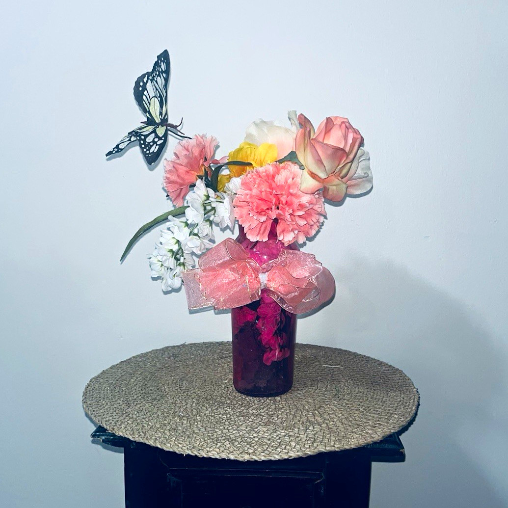 Pink Artificial Flower Arrangement w/ Rose, Carnation, Butterfly, Ribbon
