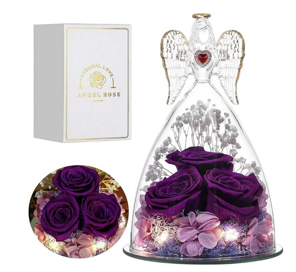Preserved Flowers Gifts for Women, Mom Wife Grandma, Angel Figurine with Rose…