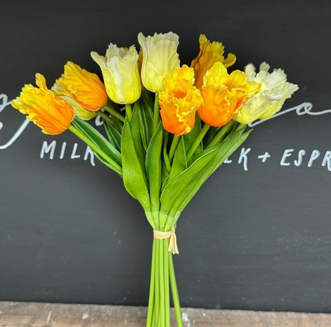 Real Touch orange yellow Artificial Tulips 12 Flower Stems LOOK REAL Spring