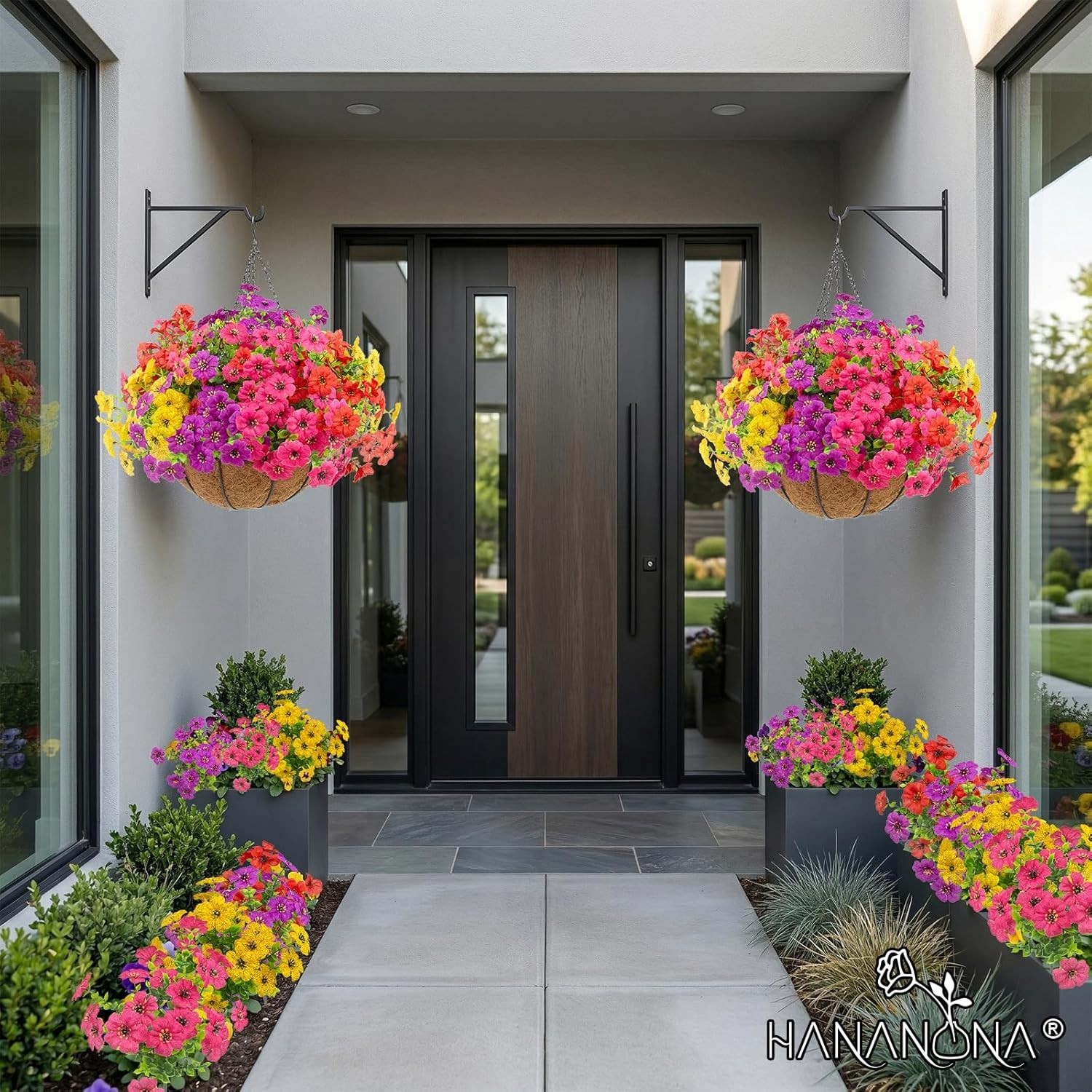 Realistic Silk Daisy Flowers in 2 Hanging Planters – 24 Pcs