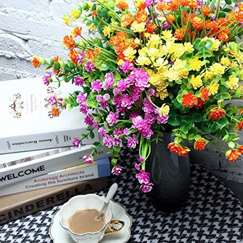 12 Bundles Artificial Flowers Outdoor, UV Resistant Yellow, Orange, Fuchsia