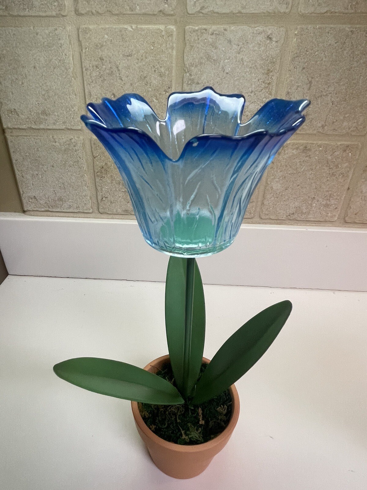 Pair of Glass and Metal Potted Red and Blue Tulip Votives