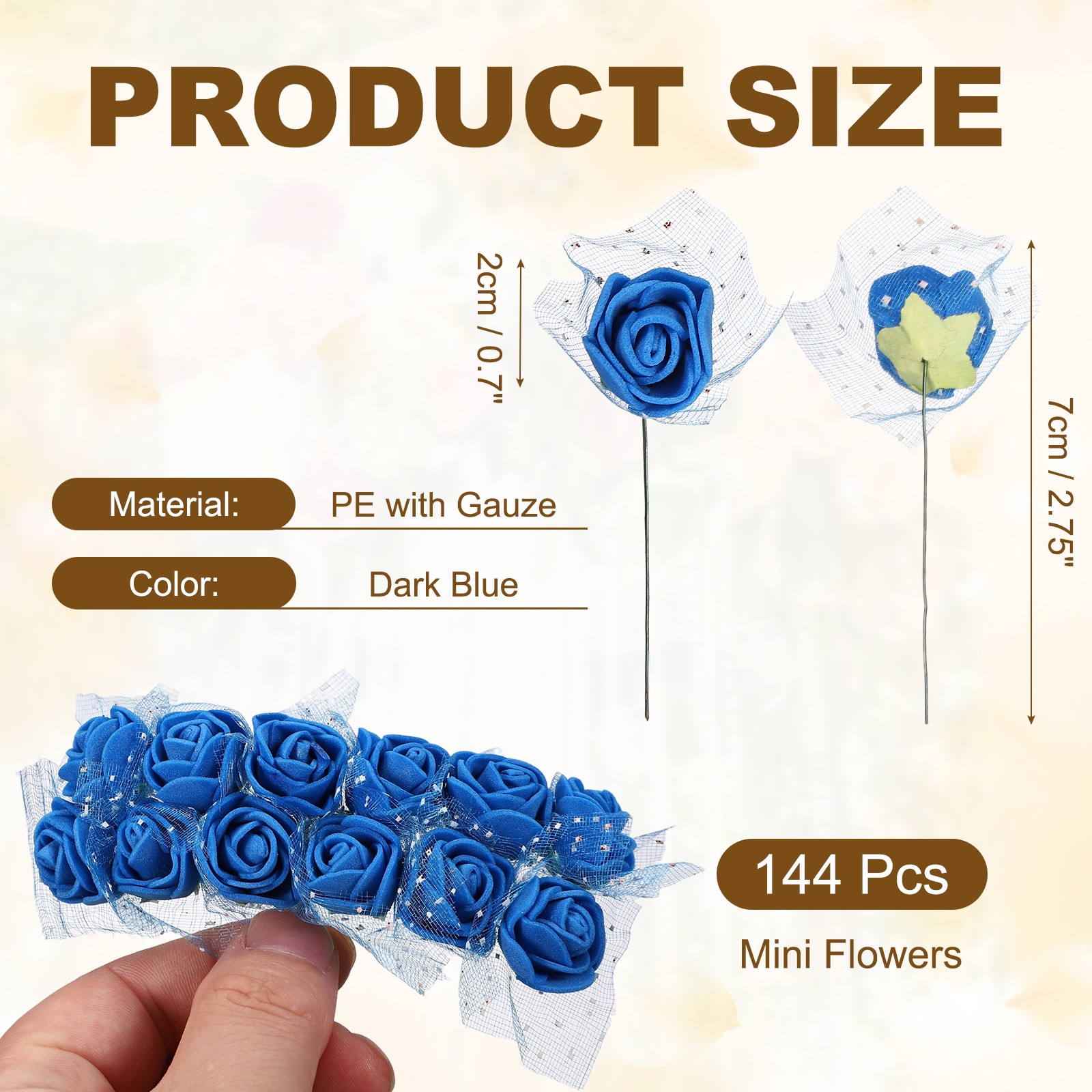 144 Pcs Mini Artificial Rose Flower Heads and Stem, Dark Blue