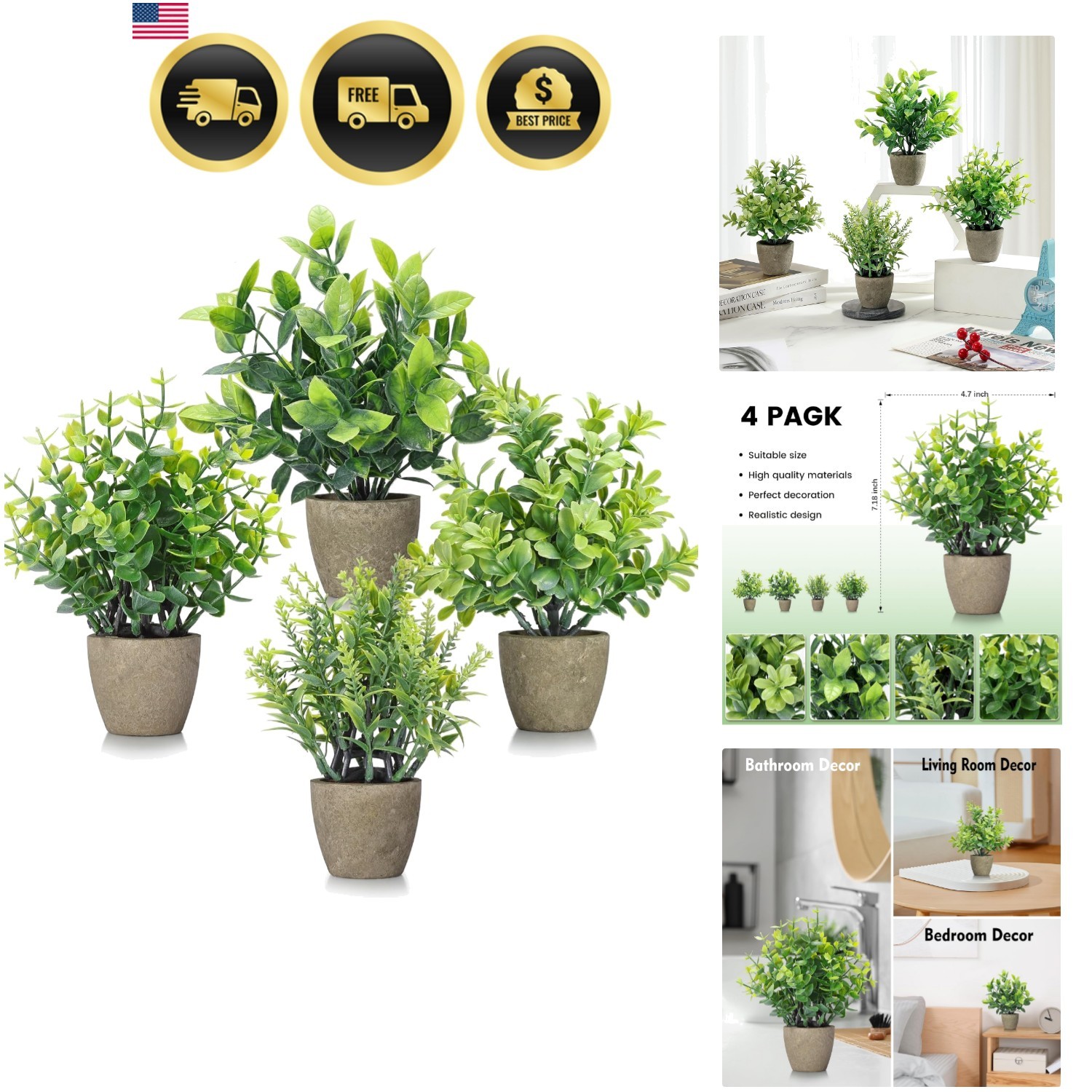 4 Pack Fake Plants Ceramic Mini Artificial Greenery Potted Plants for Home De…