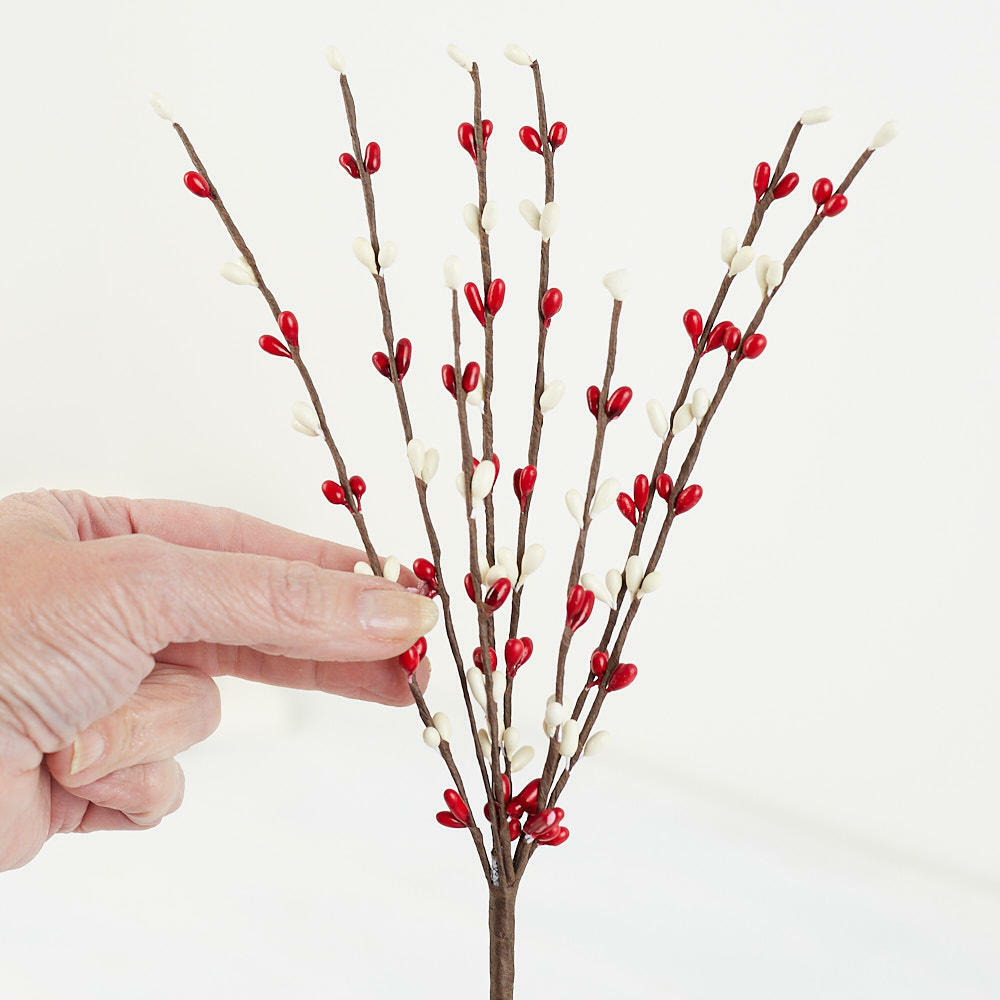 Set of 12 Hand Wrapped Petite Red and Cream Pip Berry Sprays