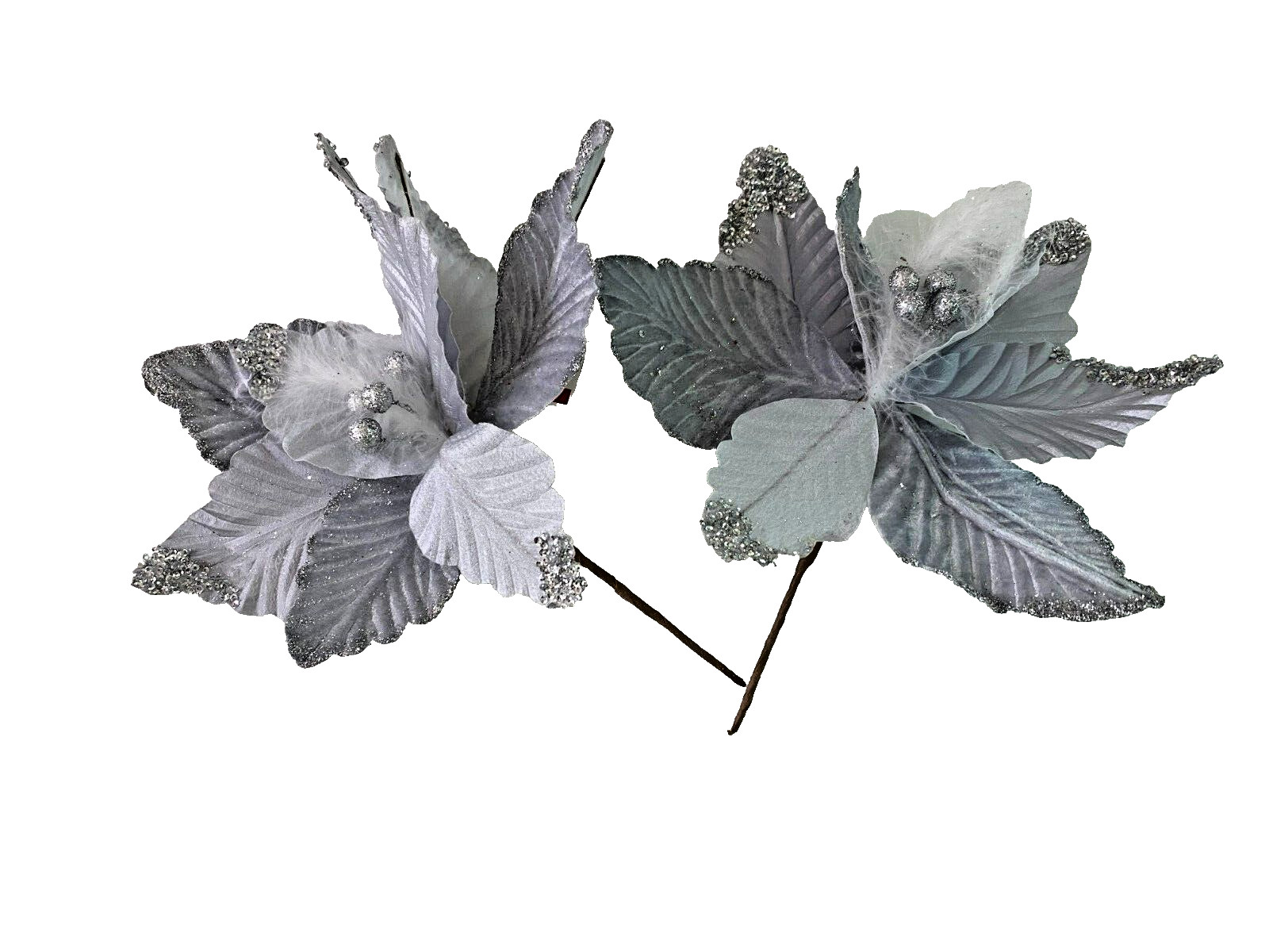 (2) NEW SILVER GLITTER TIP POINSETTIA WITH FEATHER CENTER PICKS FLORAL FREE SHIP