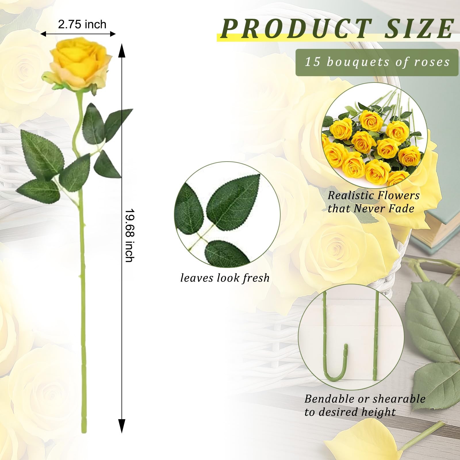 Yellow Roses Artificial Flowers 15 PCS, Fake Roses Silk Flowers with Long Ste…