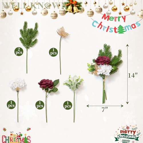 11 Pcs Artificial Flowers Bouquet with Pine Branches, 14″ Red Poinsettias
