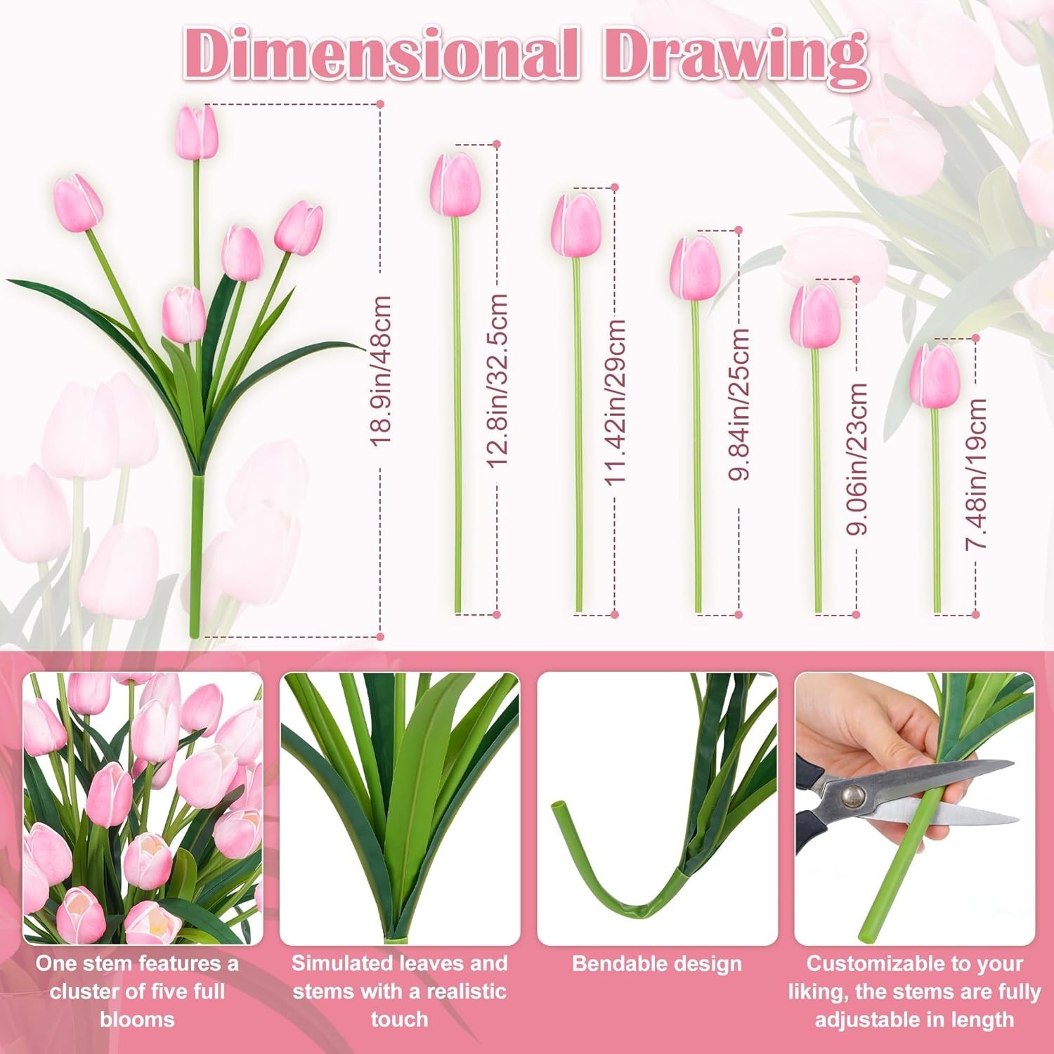 Artificial Tulip Flowers-Homsunny 18.9″ Large Pink – 30-Pack Faux Tulips-Decor