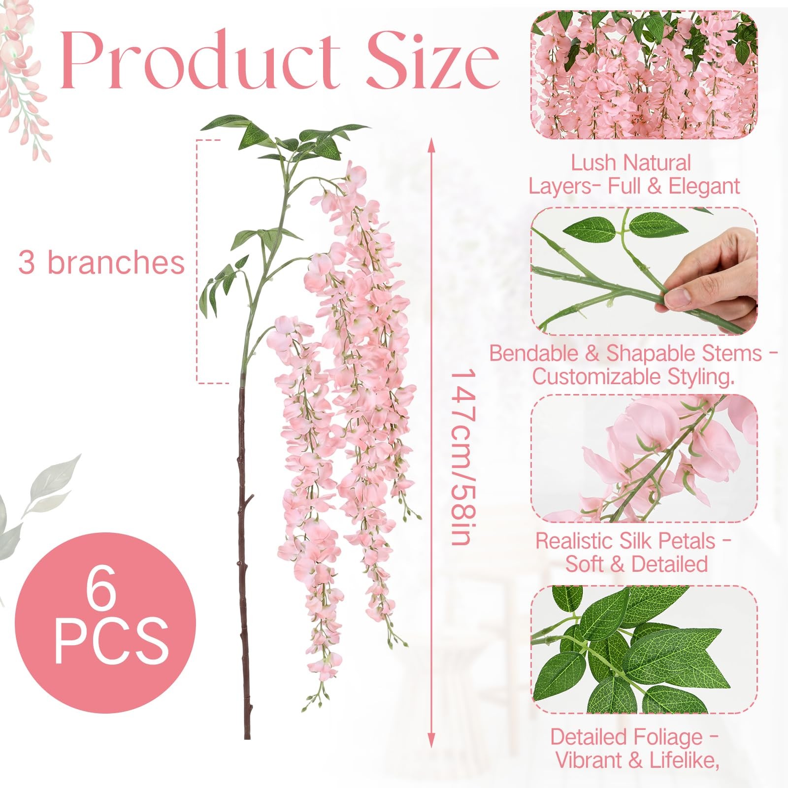 6pcs 58inch Artificia Wisteria Hanging Flowers for Tall Vase, Fake Long Stem …