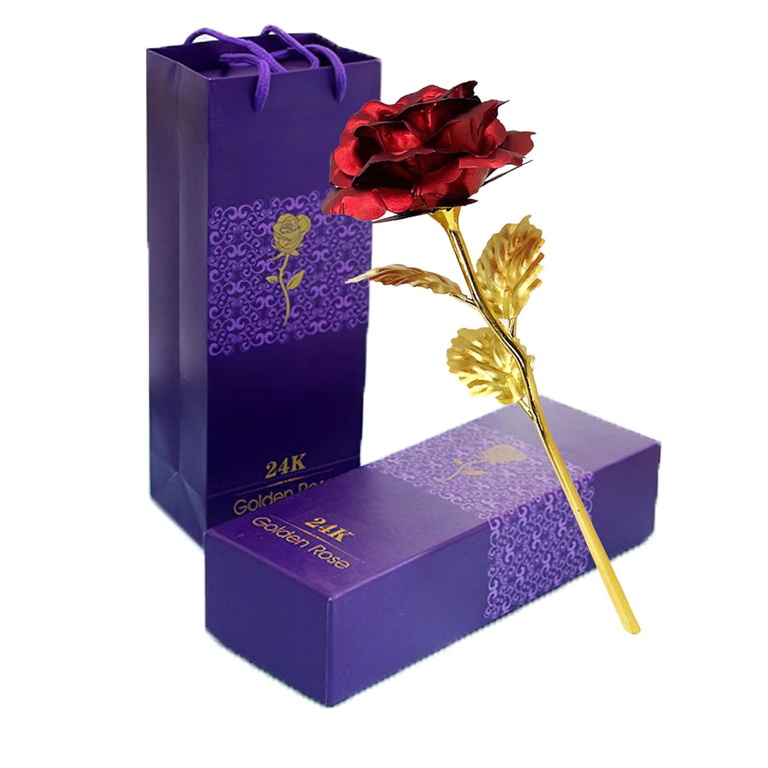 24K Gold Dipped Red Rose Flower Long Stem Forever Real Gold Rose Gift