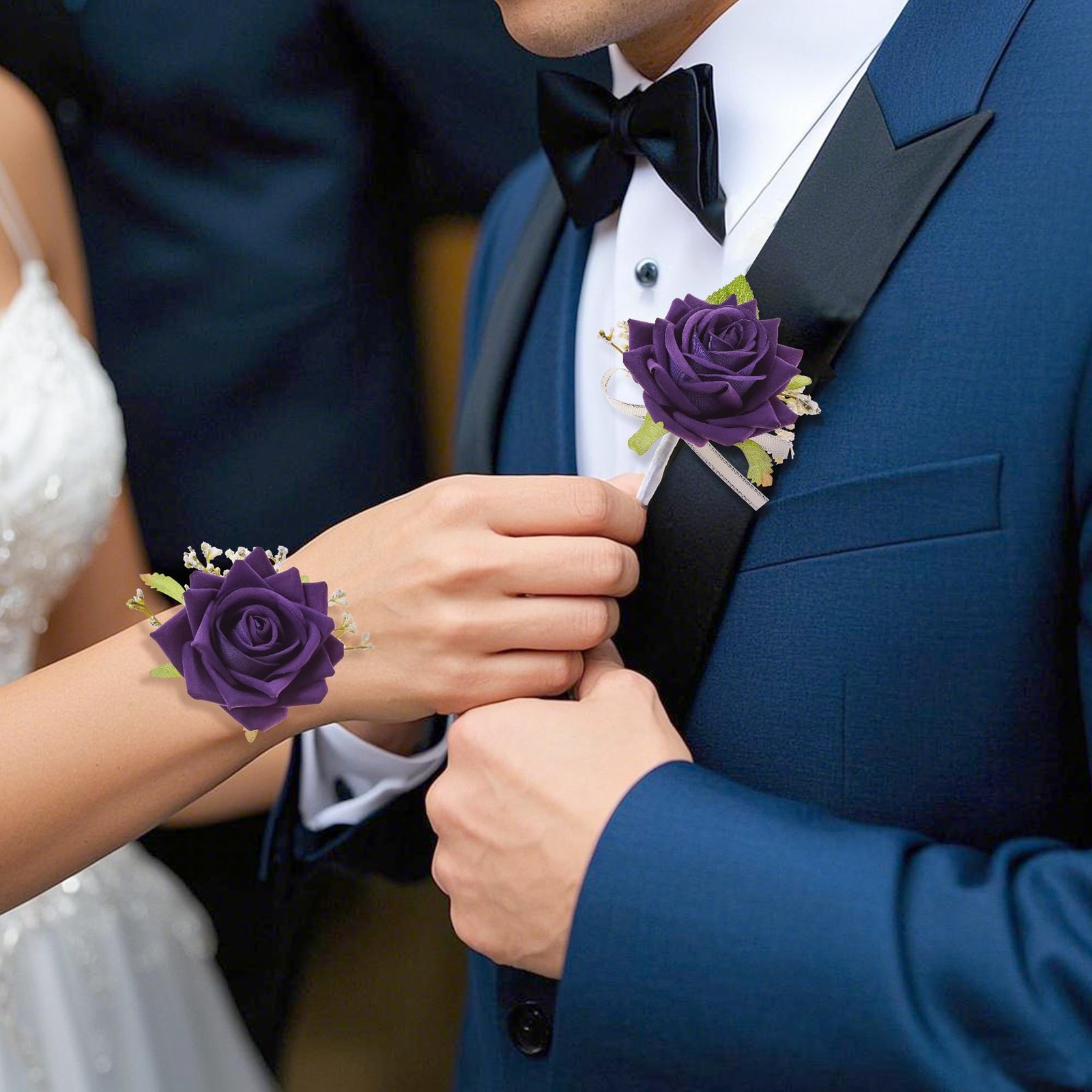 2Pcs Purple Corsage and Boutonniere Set Corsage Wristlet for Prom Decor Bouto…