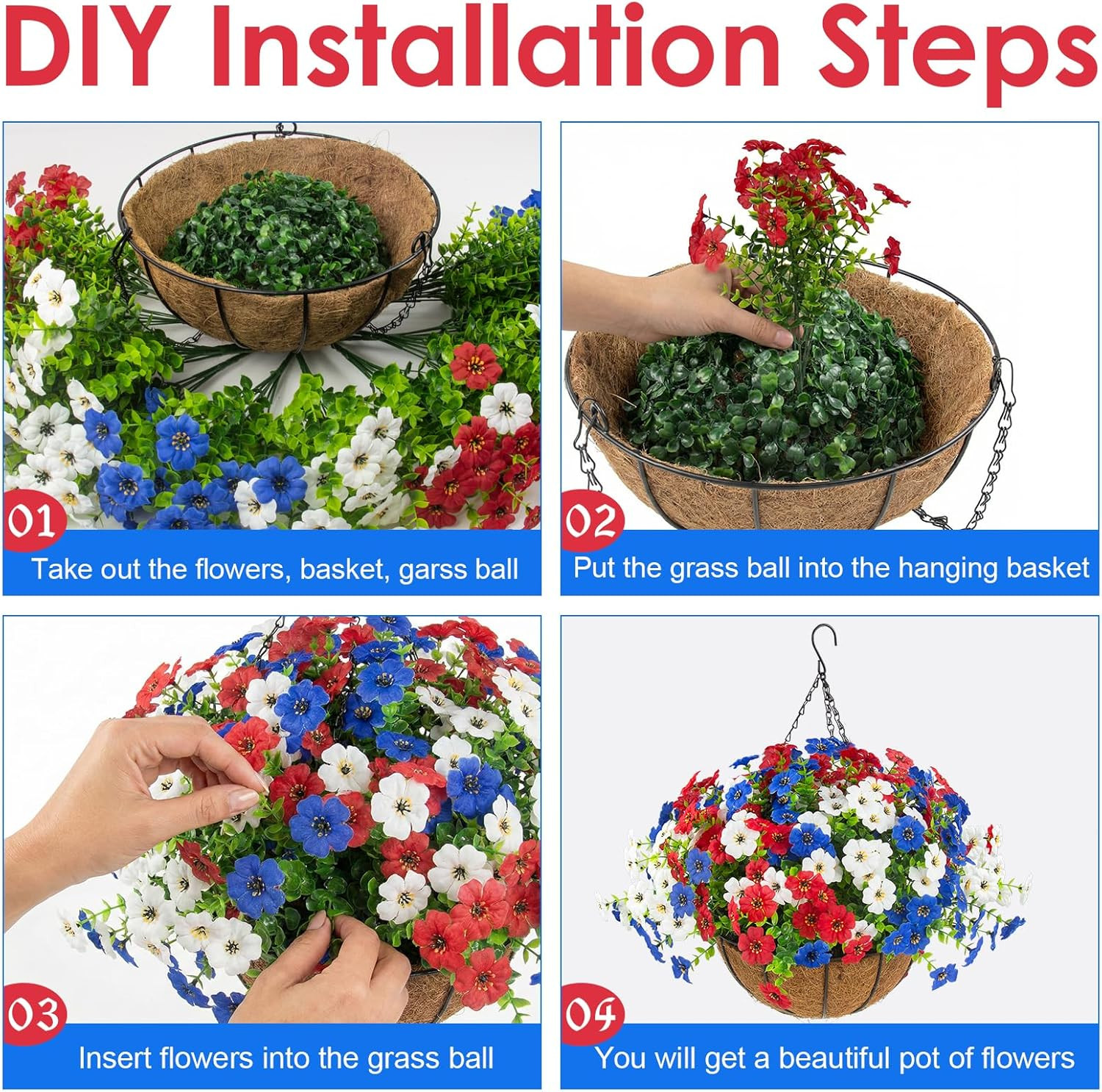 2 Pack Patriotic Hanging Flower Baskets for 4th of July Decor- Red, White, Blue