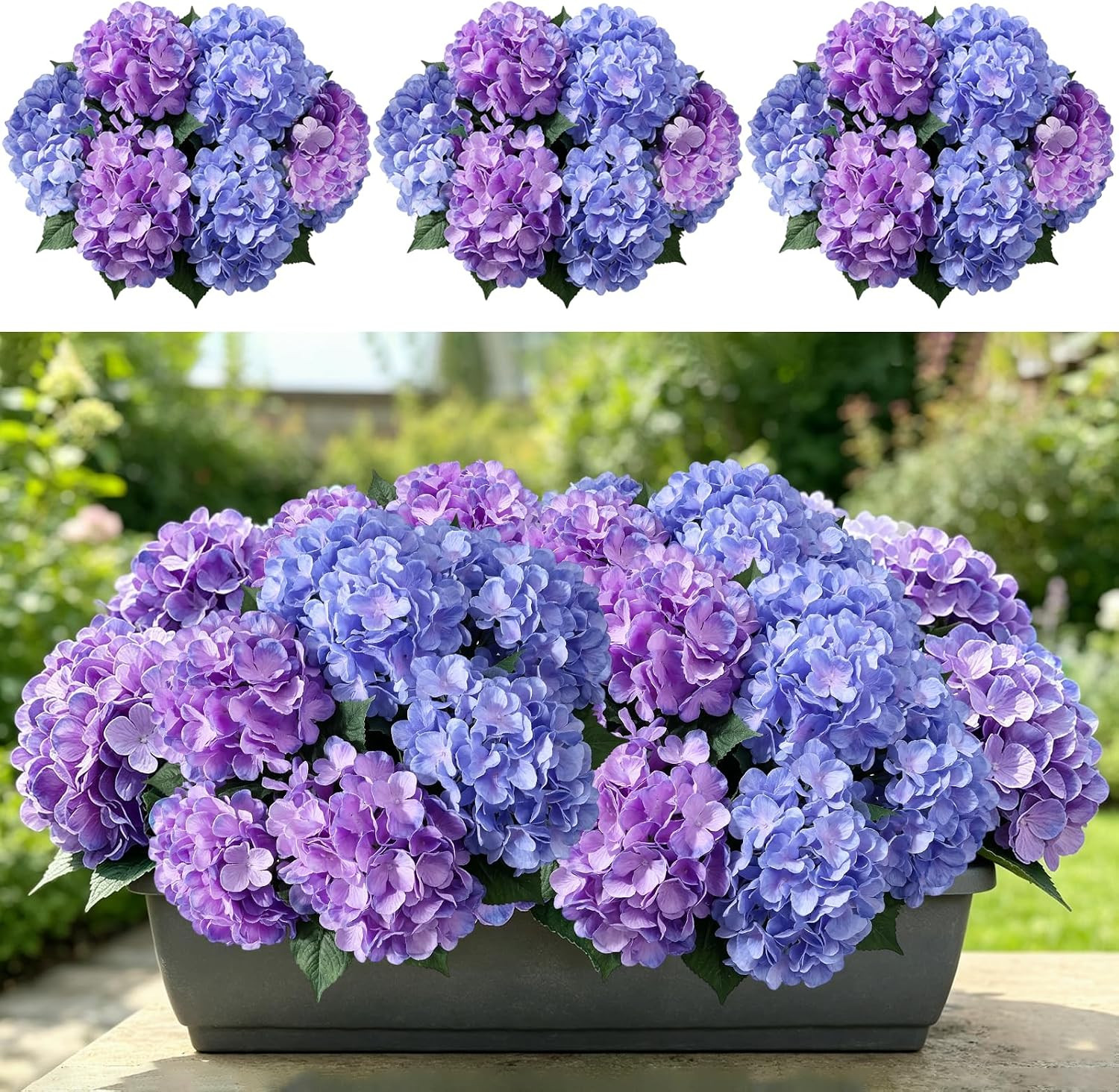 6 Pcs UV Resistant Purple Blue Silk Hydrangea Flowers for Outdoor Decor