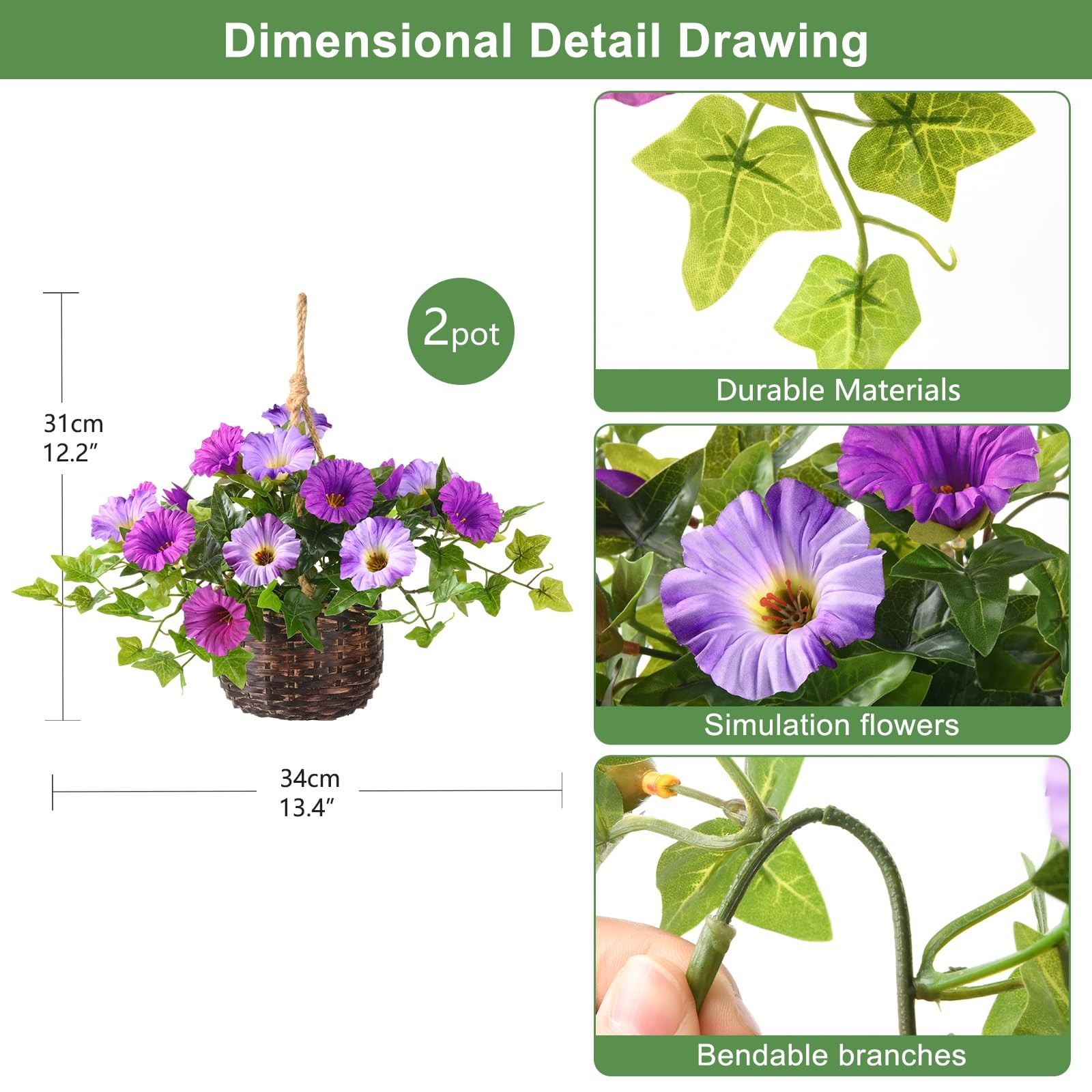 2 Set Artificial Outdoor Flowers with Hanging Basket, 2 Hanging Planters Faux…
