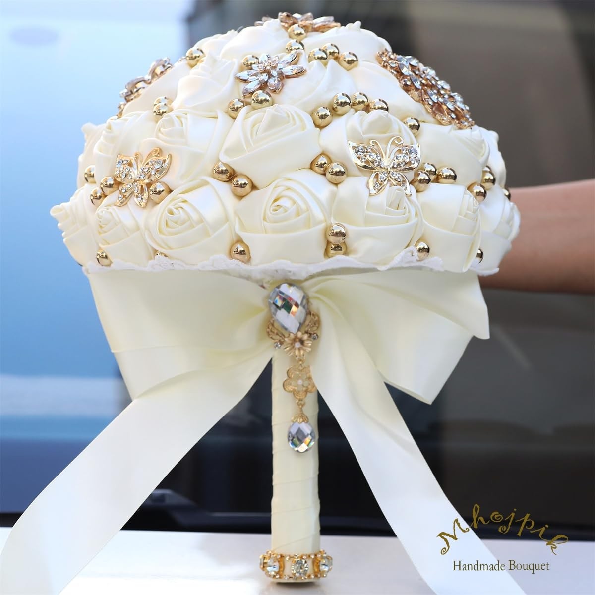 Bridal Wedding Artificial Rose Flower Bouquet For Bridesmaid Ivory 7.1″