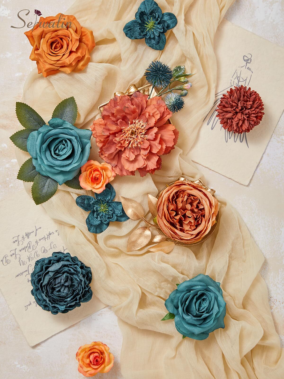 Artificial Flowers Teal Burnt Orange Silk Floral Centerpieces Fake Flowers Bo…