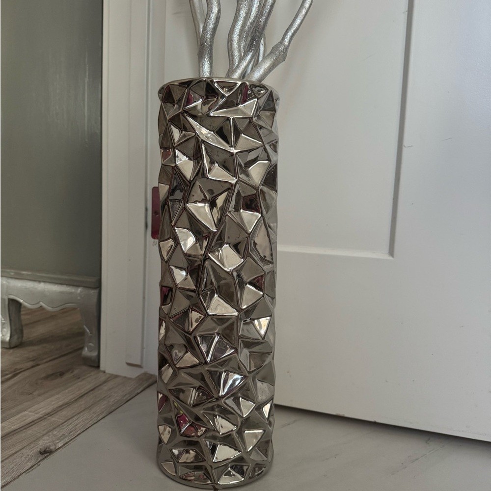 Vase pot & Decorative Branches sparkly grey silver vase geometric decor tall
