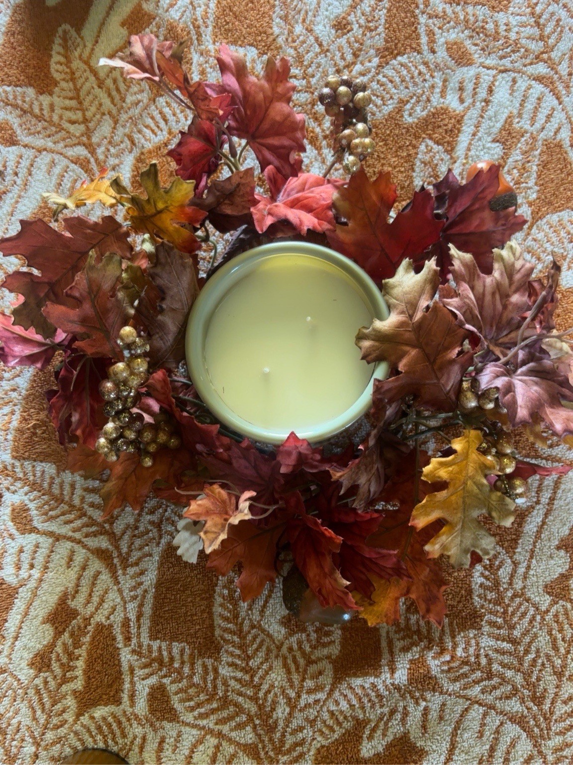 Fall Maple Oak Leaf Candle Ring Acorn Berry Wreath Harvest Centerpiece 6.5”