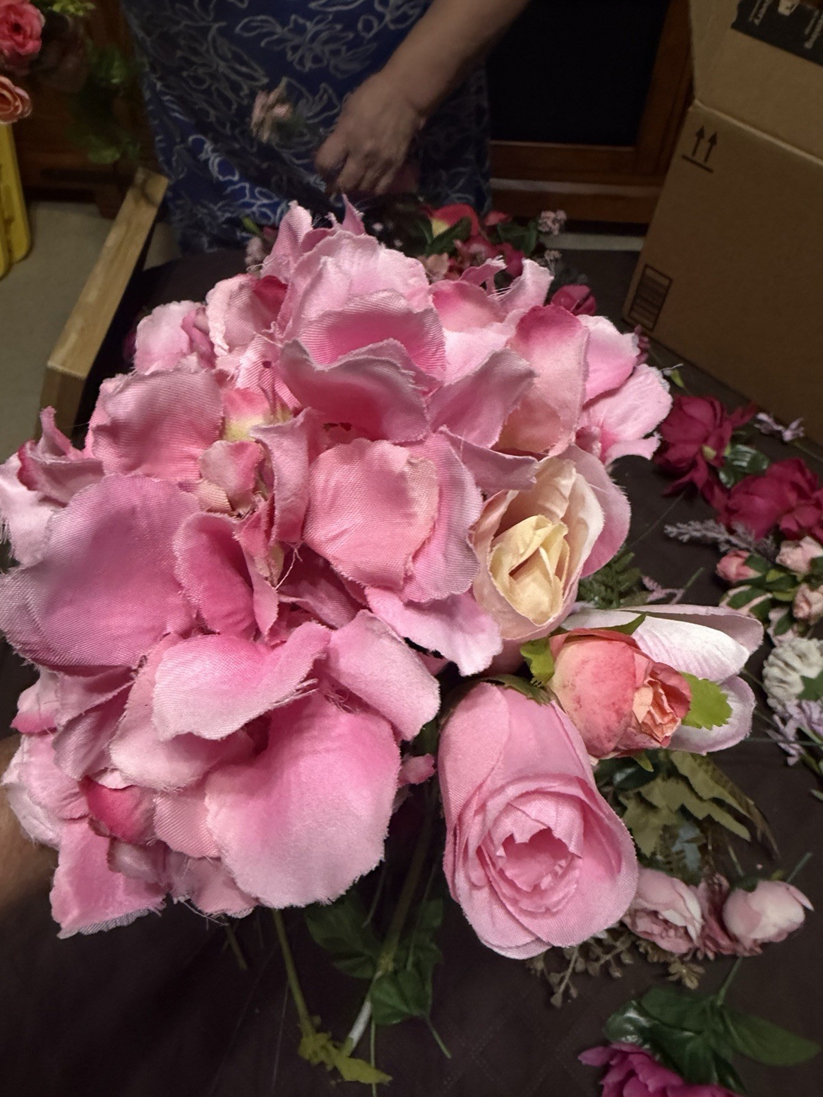 Large Lot / Box of Miscellaneous Artificial Silk Flowers – Bright Pink Shades