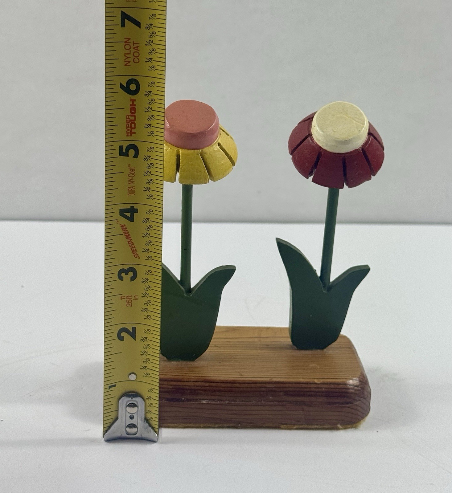 Vintage Wooden Flower Figurines Set x 2 Hand Painted Folk Art Floral Shelf Decor