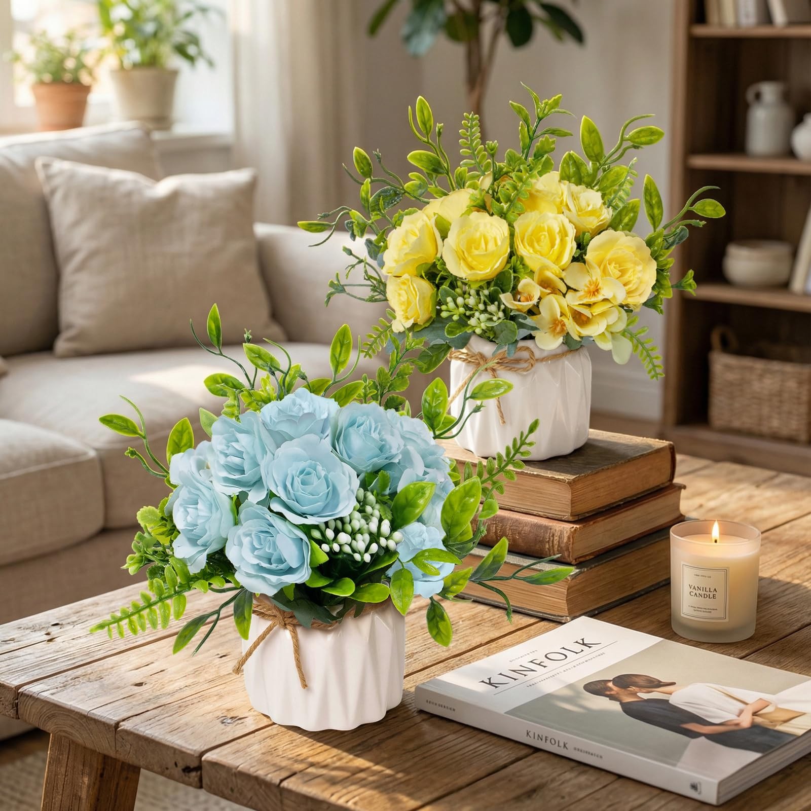 Yellow Artificial Silk Roses with Ceramic Vase, No Maintenance Faux Flower Ar…