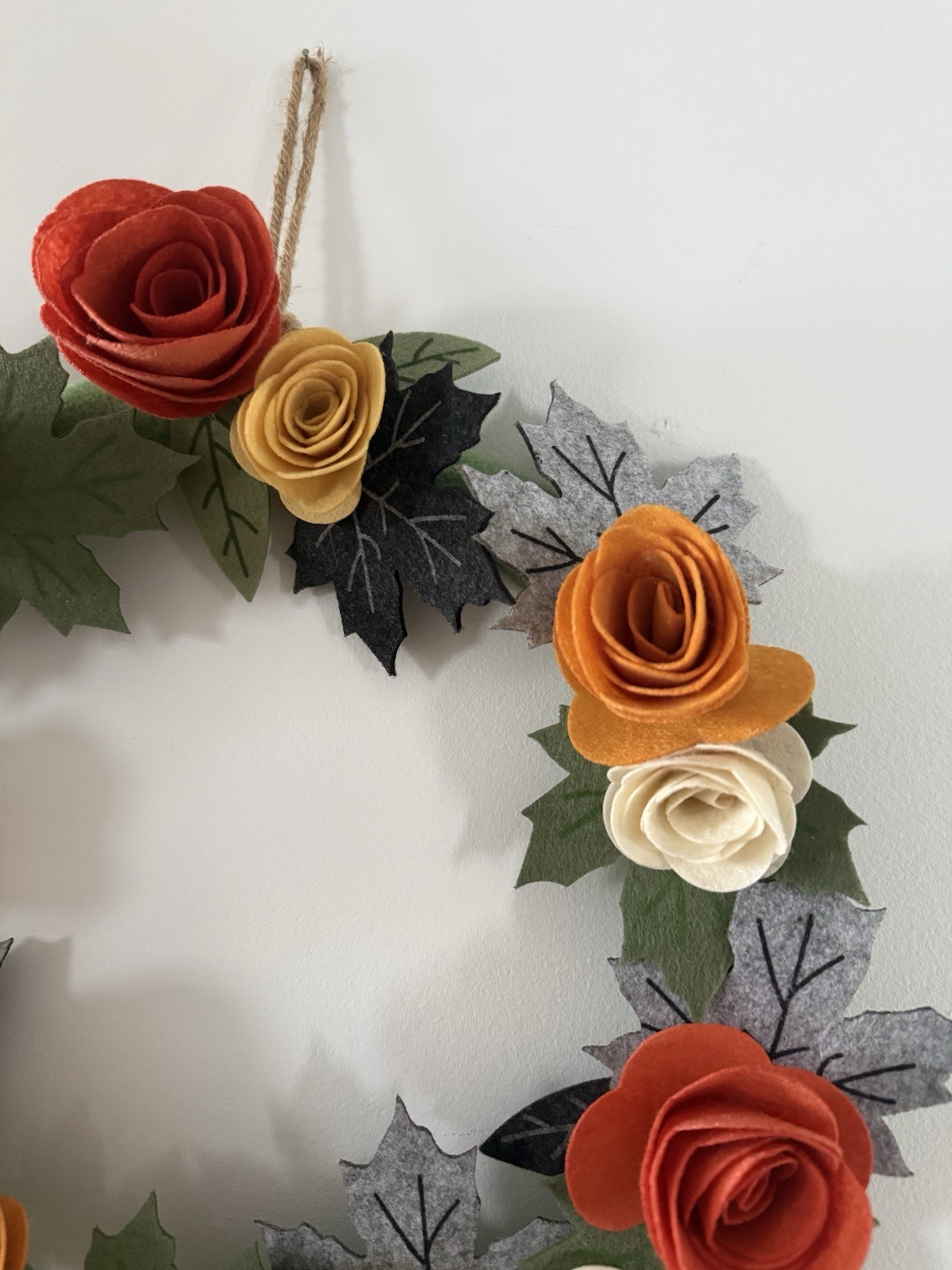 Handmade Felt Roses & Leaves Wreath Approx 18” Round Orange Yellow Peach Greens