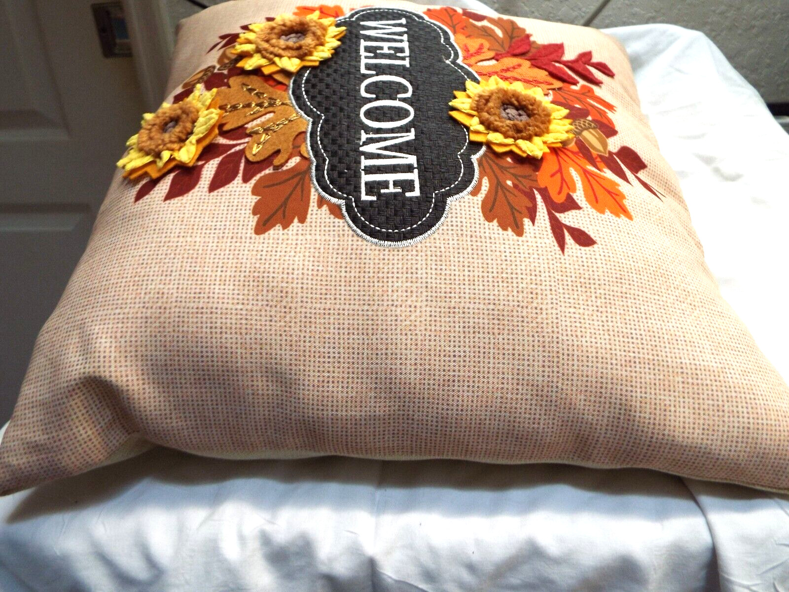 Welcome Throw Pillow 16″ x 16″ 3D Floral Leaves & Sunflower Design NEW