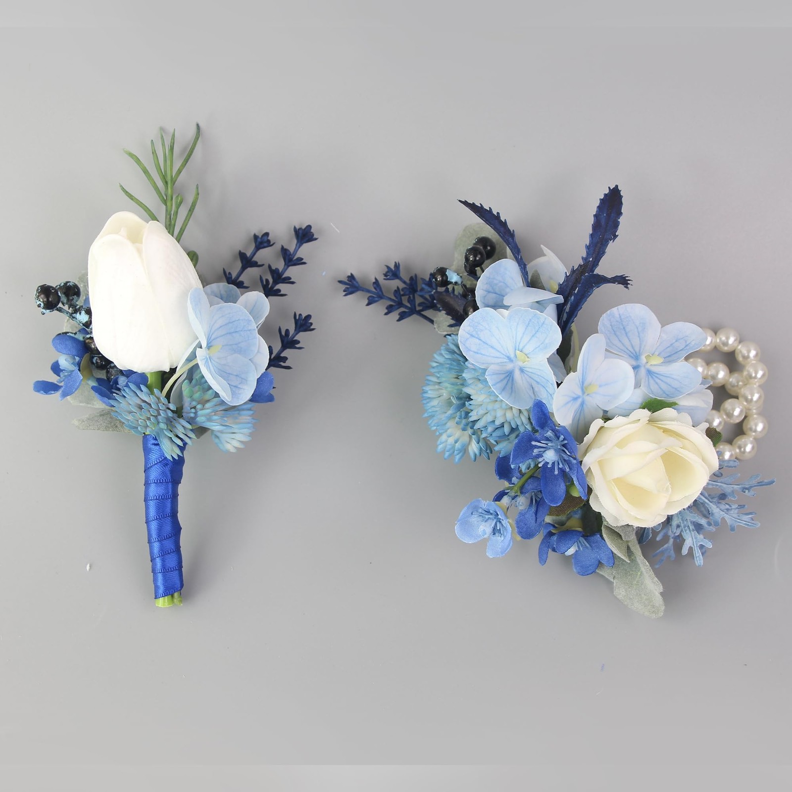 Corsage And Boutonniere Set Navy Blue Wristlet Men Wedding Homecoming Prom