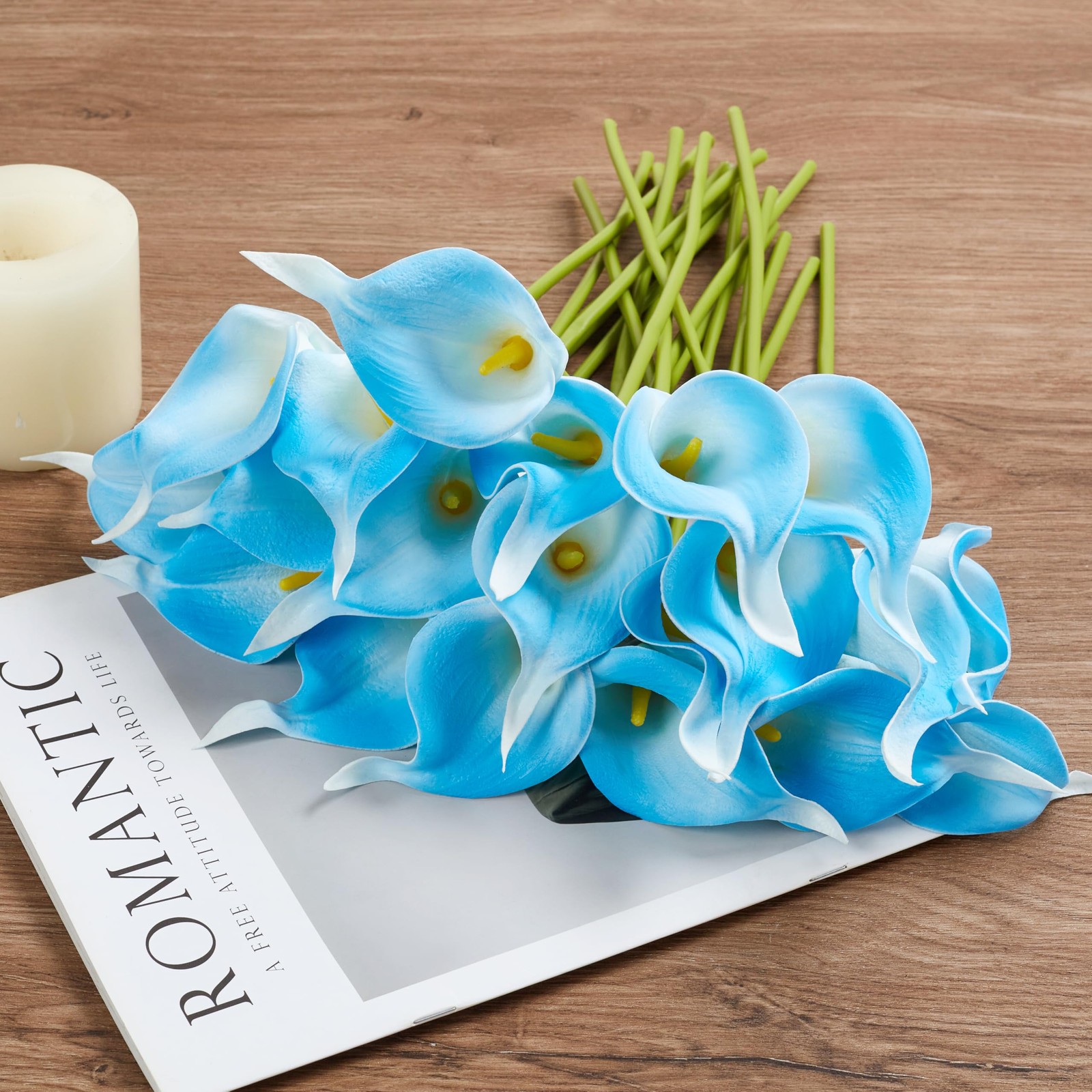 12Pcs White Blue Calla Lily Artificial Flowers for Wedding Decor
