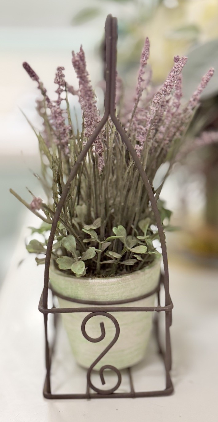 Farmhouse 9” Lavender Plants With Greenery In Pots With Rustic Metal Stand