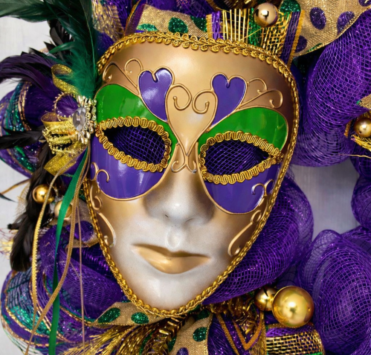 Mardi Gras Wreath Extra Large With Venetian Mask and Fleur De Lis Handmade Deco