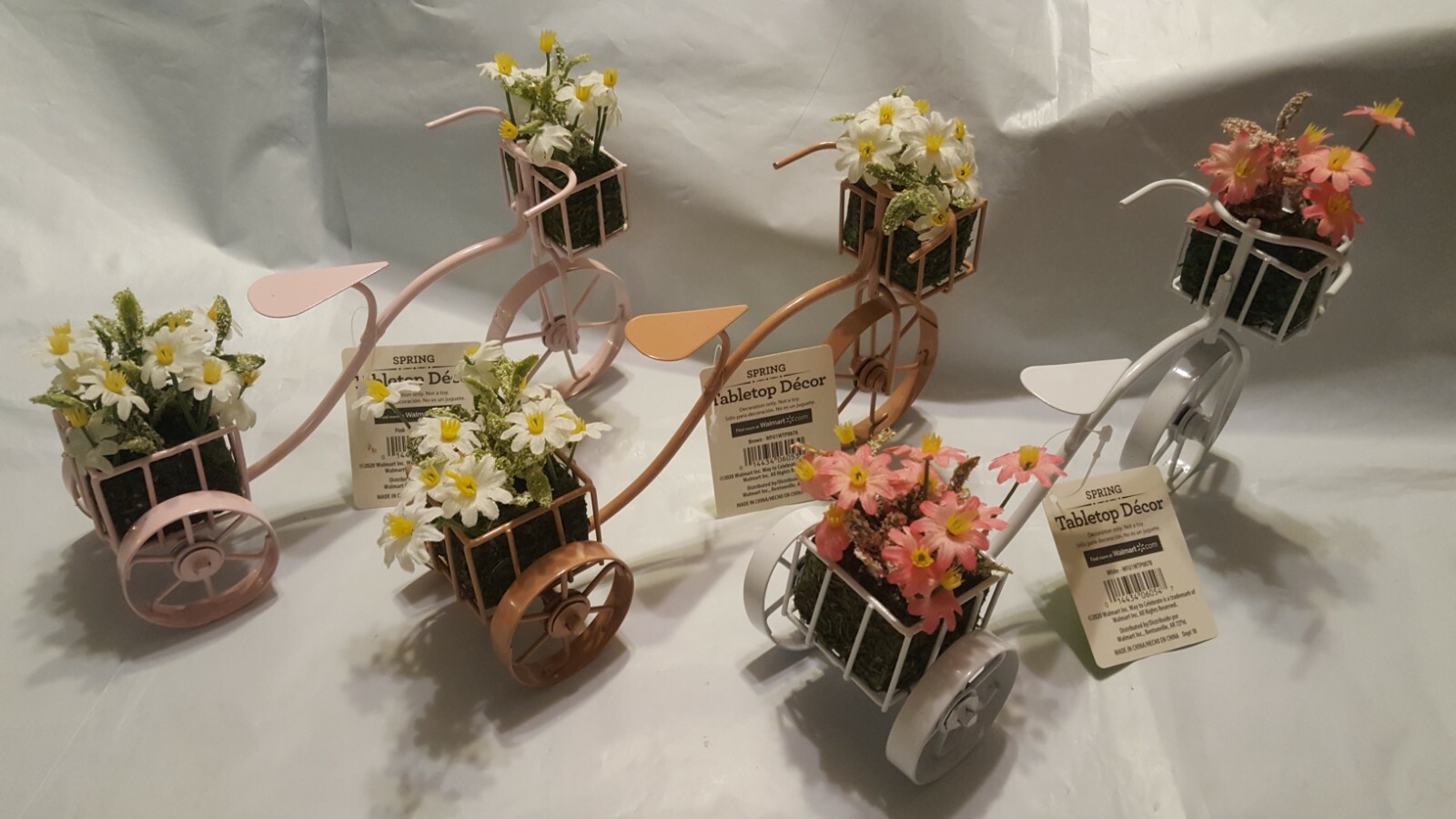 3 Celebrate Spring Bicycle Bike Tabletop Decor Pink Brown & White w/ Faux Flower