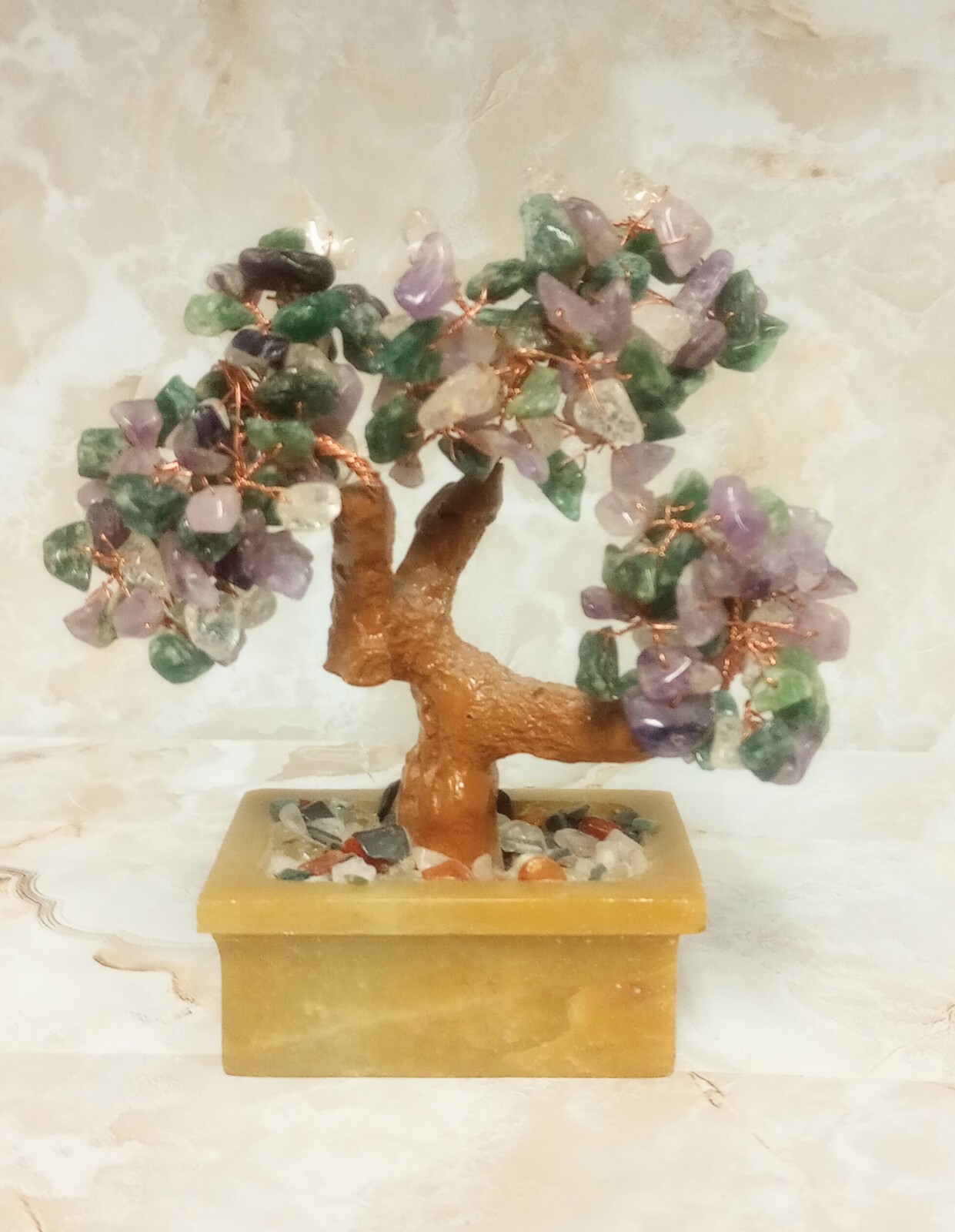Japanese Amethyst Quartz Gemstone Bonsai Tree In Stone Pot 5.5″